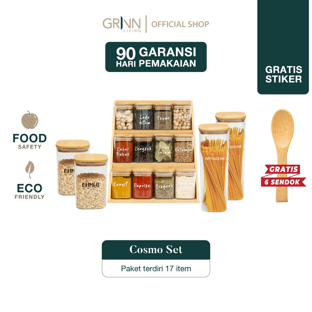 GRINN LIVING Cosmo Terra Bundle / Glass Jar / Toples Kaca Kedap Udara / Rak Bumbu Dapur Tingkat 3 Aesthetic