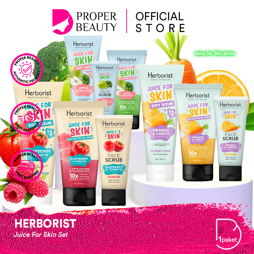 HERBORIST Juice For Skin Set Indonesia / Face Scrub Body Serum Exfoliating Gel Scrub / Refresh Glow Sooth Hydrate / Refreshing Soothing Hydrating Brightening / Orange Apple Raspberry Extracts / Skincare Care Wajah Tubuh Badan Paket 1 Sepaket Package 3pcs