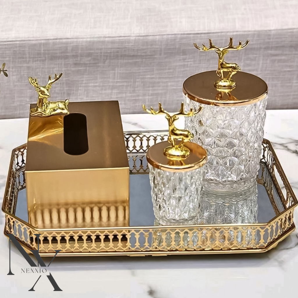 NEXXIO Nampan Dekorasi Home Decoration exclusive Gold / Nampan Gold Kaca / Nampan minuman Lebaran.