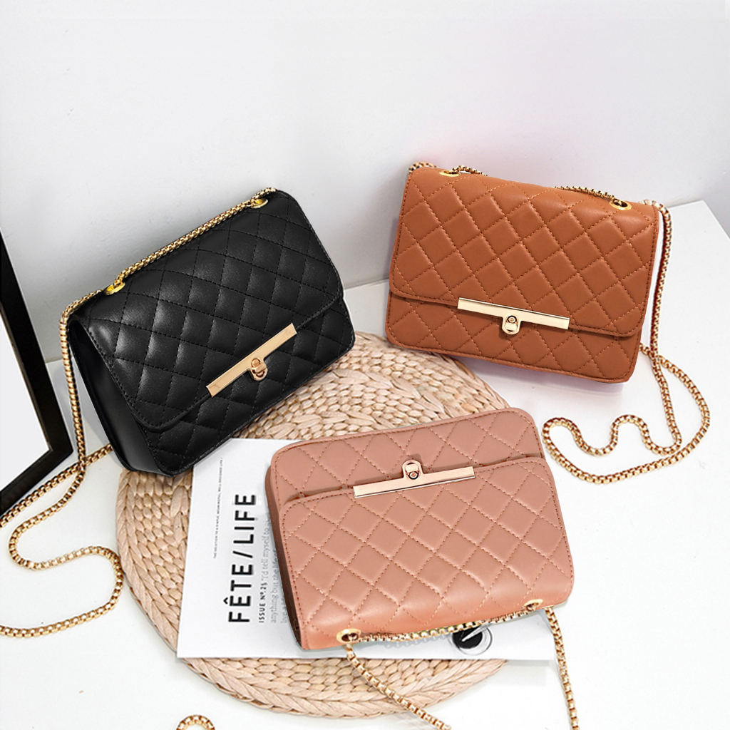 Tas selempang wanita tali rantai tas slempang dan bahu cewek shoulder bag polos slingbag strap rante remaja kulit sintetis