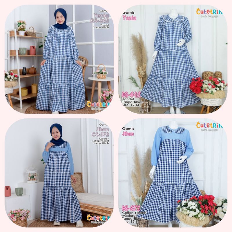 *READY MURAH (12-15th/remaja) Gamis anak katun motif kotak kotak square navy by Cutetrik