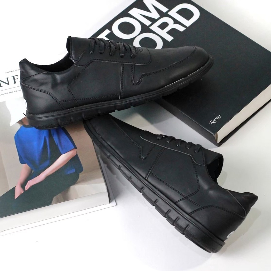 MUGEN BLACK - Sepatu Formal Pria Casual Pantopel Kulit Pantofel Hitam Tali Kerja Kantor Oxford Original