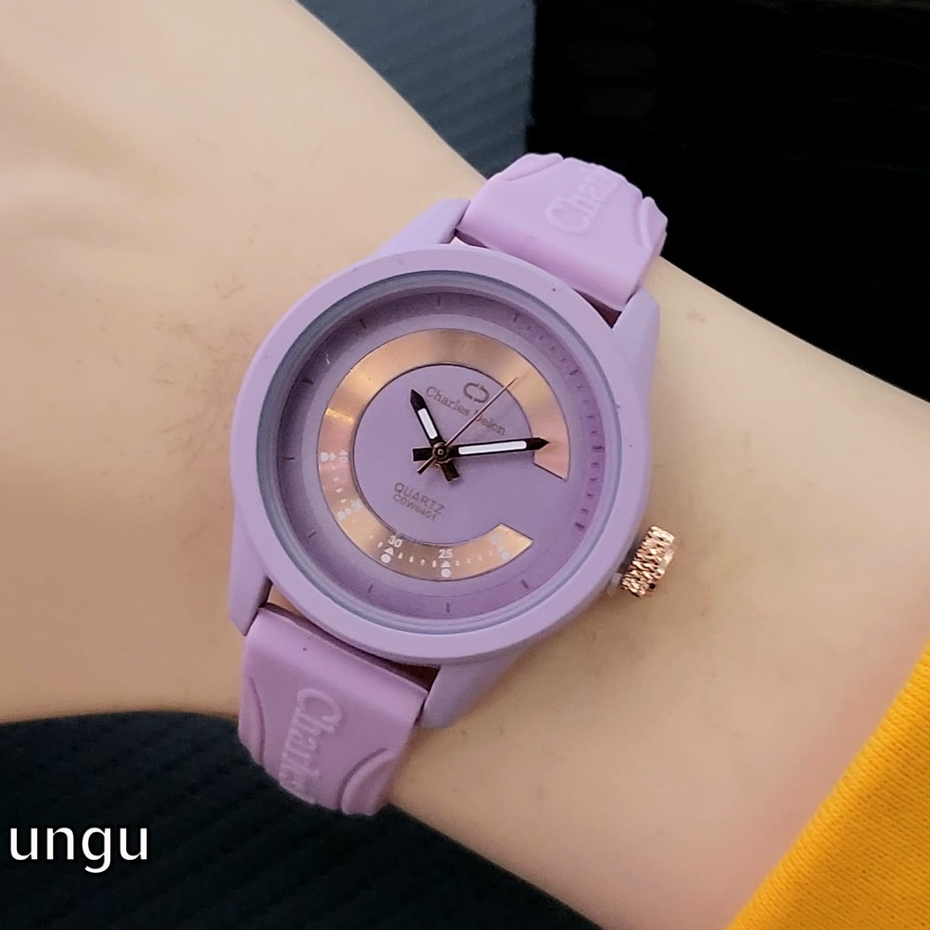Best Seller  Jam Tangan Wanita Carles Delon 4550-YL Tali Rubber Free Box Baterai Cadangan