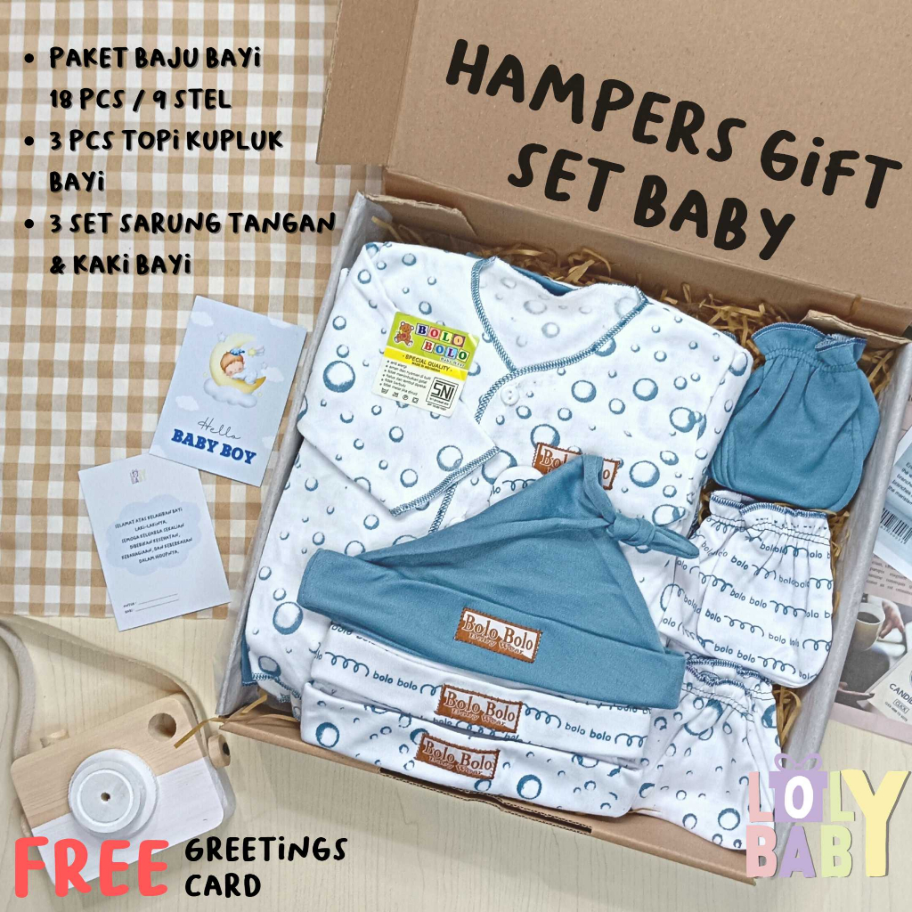 Hampers Baby Gift Set ( 30 cm ) 18 Pcs Baju Bayi Baru Lahir 3 Pcs Topi Kupluk 3 Set Sarung Tangan dan Kaki LOLY BABY