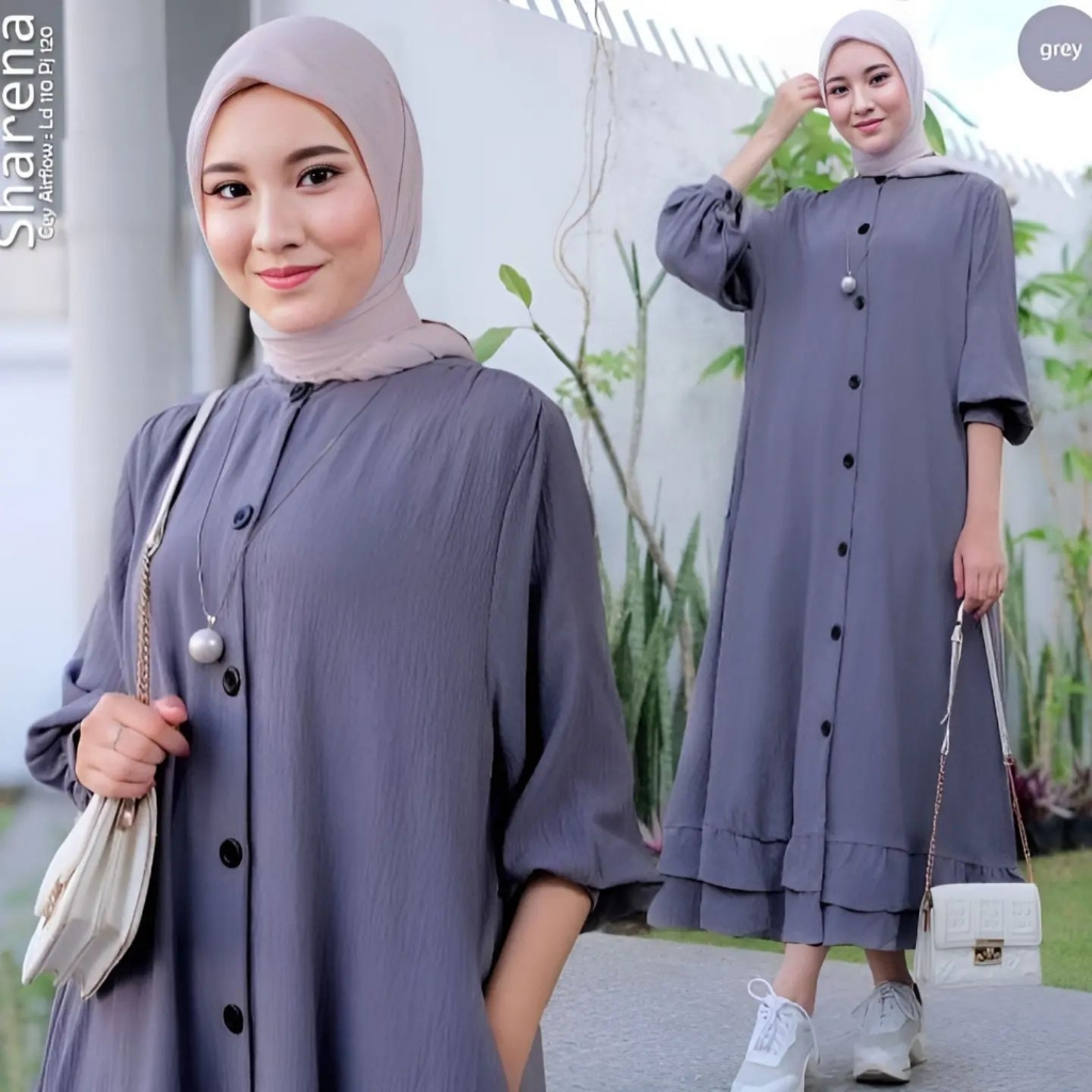 Shareena Midi Dress Wanita Crinke Airflow Gamis Terbaru Full Kancing Busui Friendly