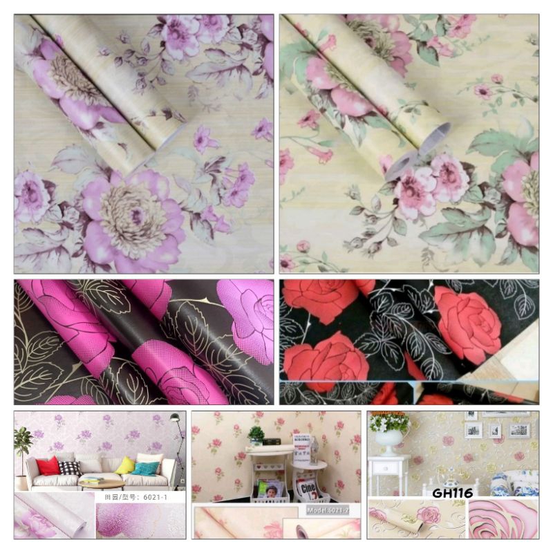 Wallpaper Sticker Dinding Wallpaper Dinding Bunga Ungu Bunga Merah Bunga Pink Dasar Hitam Dekorasi R