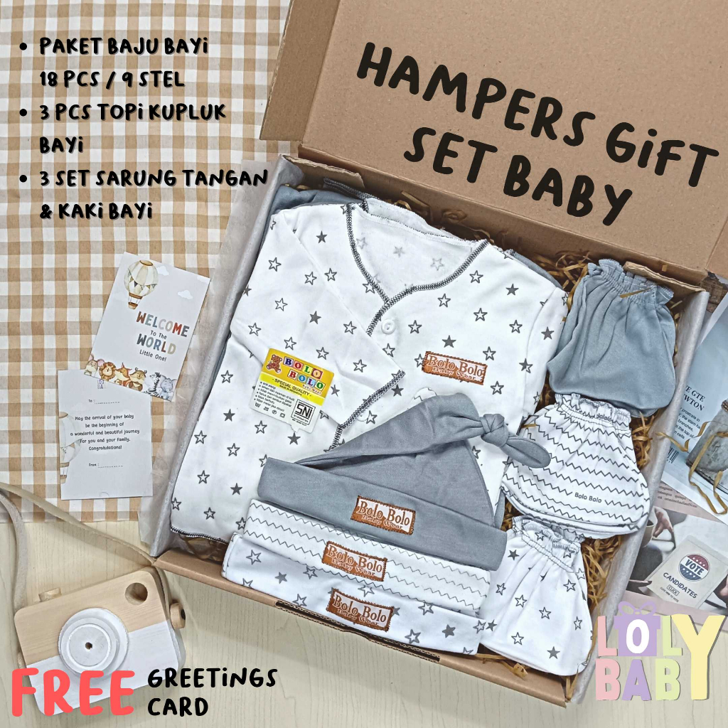 Hampers Baby Gift Set ( 30 cm ) 18 Pcs Baju Bayi Baru Lahir 3 Pcs Topi Kupluk 3 Set Sarung Tangan dan Kaki LOLY BABY