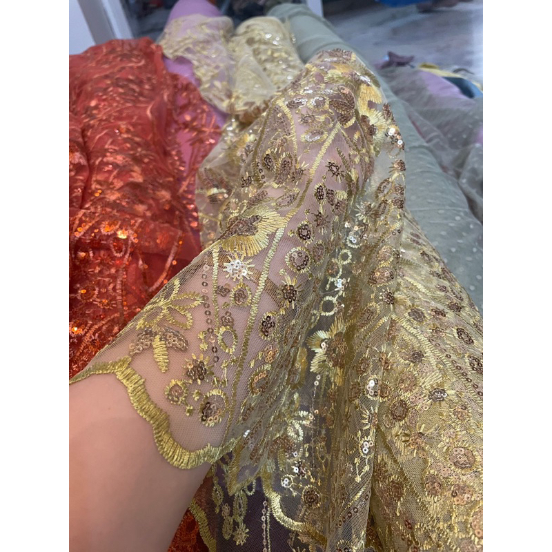 Bahan Kebaya Brukat Tile Tulle Bordir Payet Elizabeth 3 Warna Kuning Lemon Hijau Lime