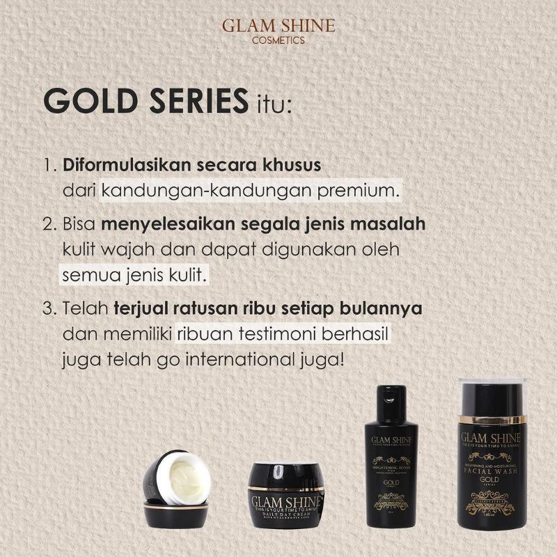【Official Agent】GLAMSHINE SKINCARE Paket Wajah Gold Series Serum Wajah Acne Gold Essence Aquabeads Vitamin C Reviver Retinol EE Cream Face Spray Briliant Gel Peeling Pad Sunscreen Whitening Glowing Kusam Jerawat Flek Hitam Pori Pori Besar Bodycare BPOM