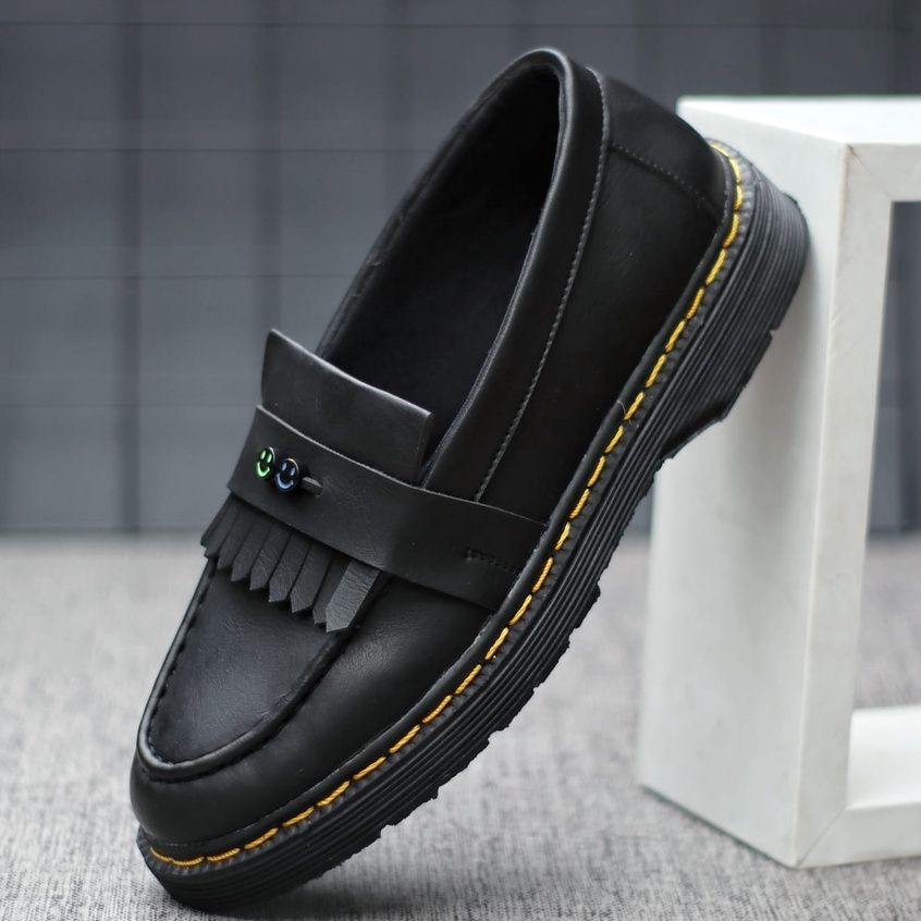 Sepatu Penny Loafers Pria Kulit Pu Sinthetic Slip On Formal Hitam Original Enoz Smile