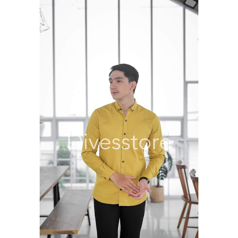 Kemeja pria cowok polos slimfit kasual basic HeM lengan panjang lemon lime