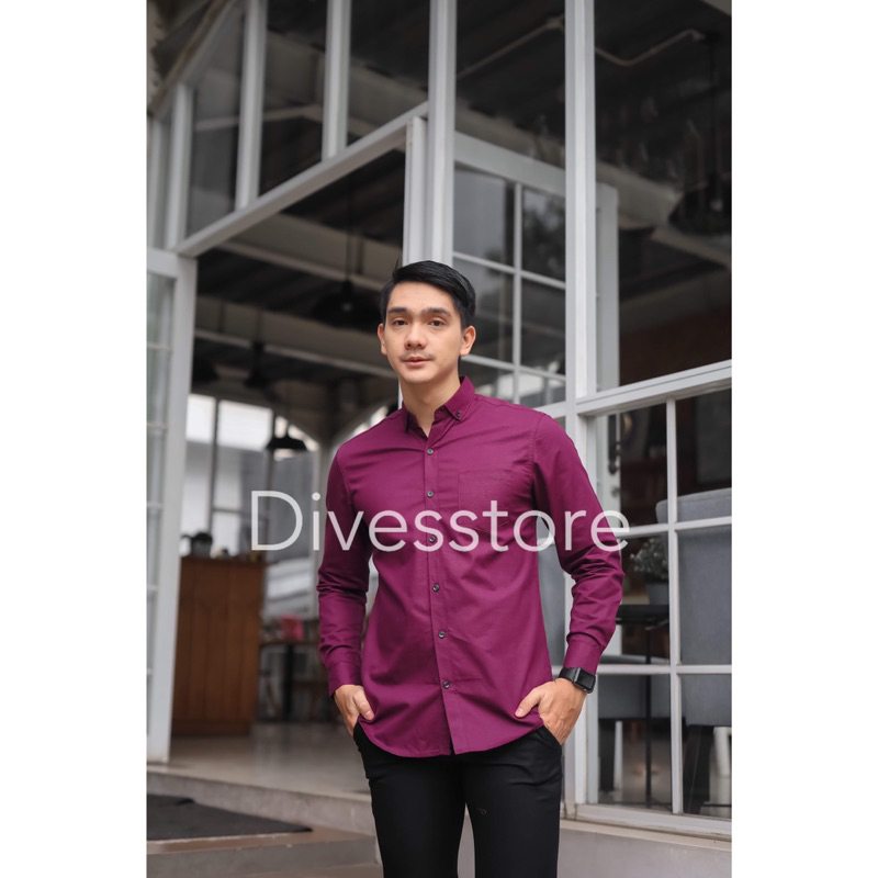 Kemeja Pria Cowok Polos Tangan Lengan Panjang HeM  Slimfit Casual Kantoran Premium Hitam Navy Putih