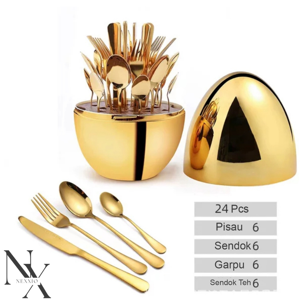 NEXXIO Egg Spoon Gold / sendok emas telor / Sendok Sultan Gold / cutlery set / Peralatan Makan Gold Silver /sendok gold / Sendok makan pakai tutup / sendok emas viral / telor emas