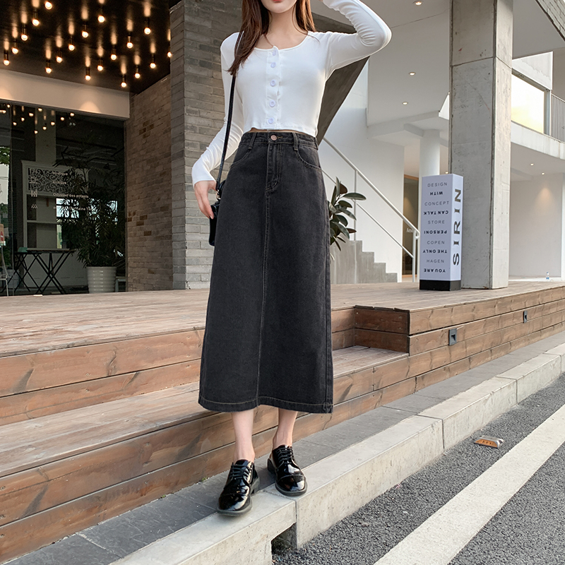 Kelabu hitam A-Line Rok Jeans Wanita Highwaist Rok Jeans Wanita Kembali Split