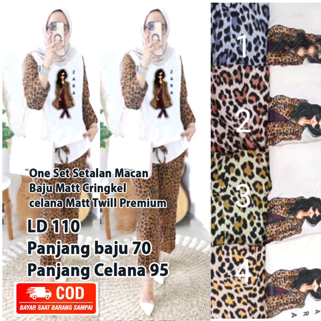 One Set Celana Leopard Setelan Motif  Cringkel Mix Twill LD 110 Wanita Macan terbaru Atasan dan Celana