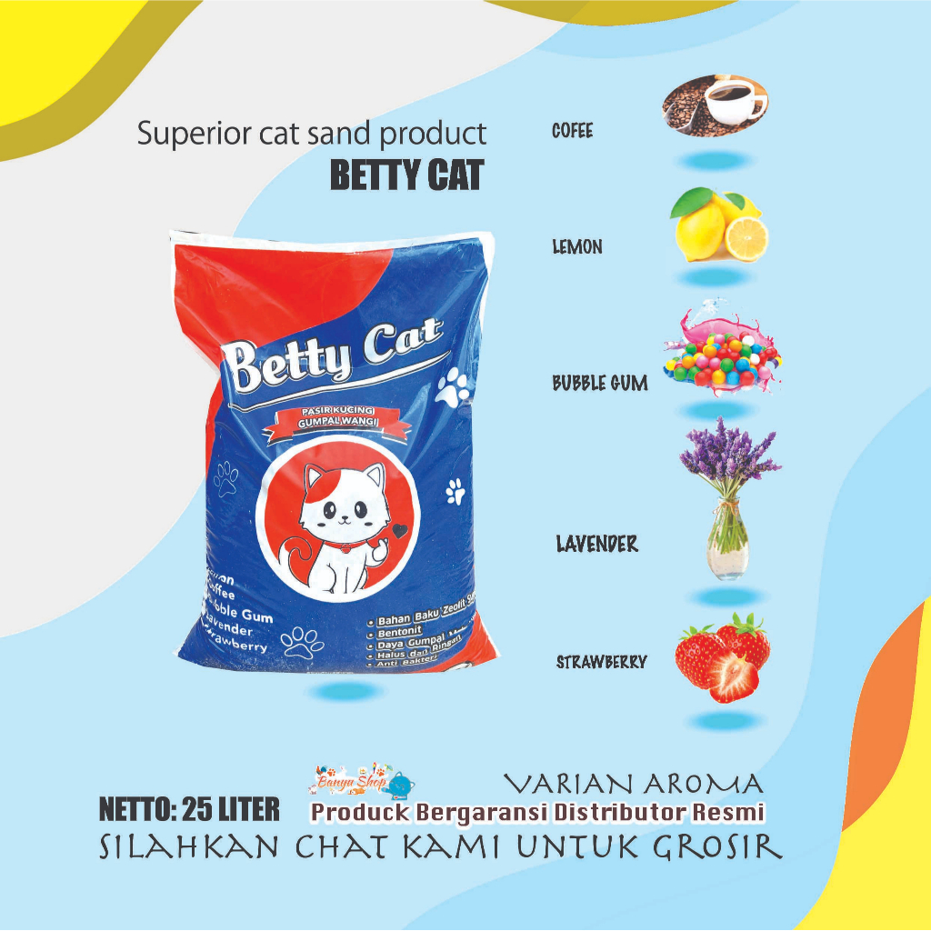 25 LITER-PASIR GUMPAL WANGI BETTY-PASIR KUCING-OBAT-VITAMIN-ANTI BAKTERI-ANTI DEBU-MENGGUMPAL SEMPURNA