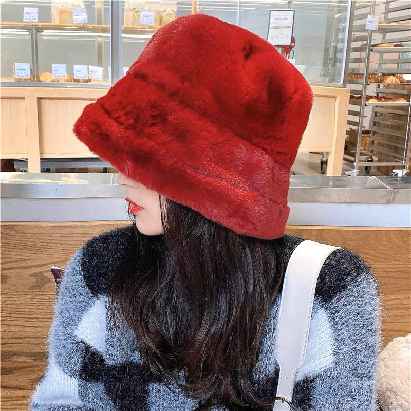 Bucket hat fur topi winter wanita import kupluk bulu cewek hangat musim dingin fashion