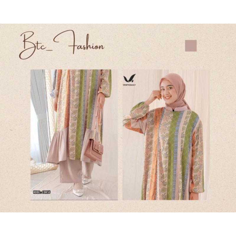 Vente Daily Alifia Oneset Wanita Jumbo Rayon Bunga Combi Rayon Twill / Stelan Wanita Long Tunik Jumb