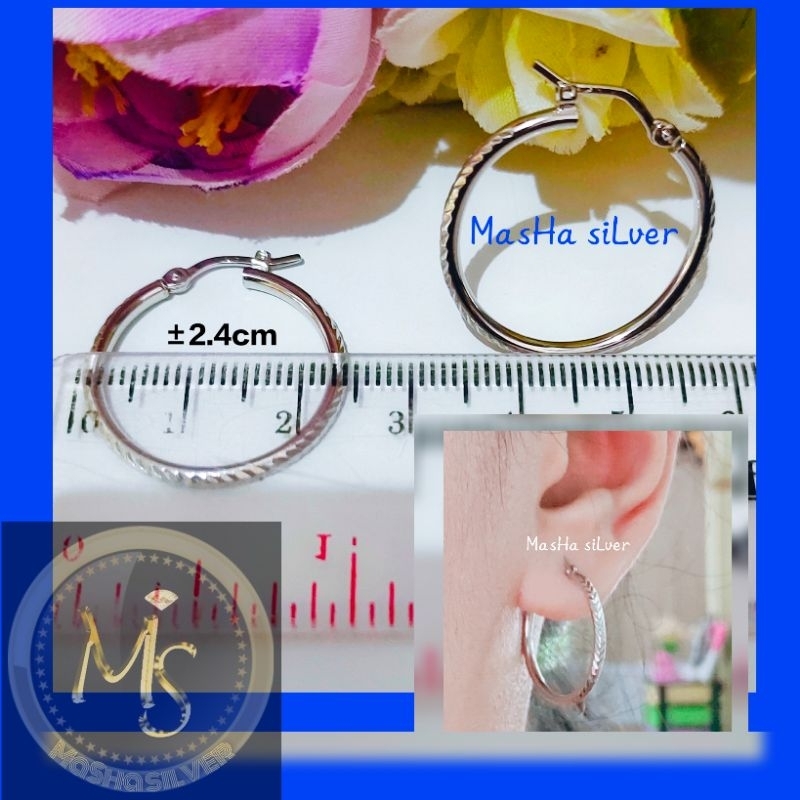 ANTING PERAK ASLI SILVER 925 MODEL BULAT UKIR LAPIS MAS PUTIH