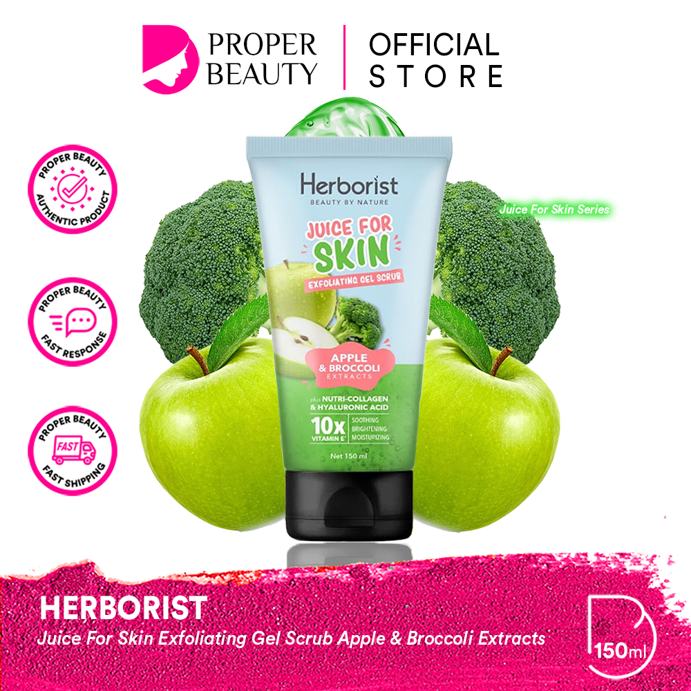 HERBORIST Juice For Skin Exfoliating Gel Scrub Apple &amp; Broccoli Extracts Indonesia / Scrub Tubuh 150ml / Plus Nutri-Collagen &amp; Hyaluronic Acid 10x Vitamin E / Soothing Brightening Moisturizing / Menenangkan / Skincare Body Care Kulit Face Mineral Lotion