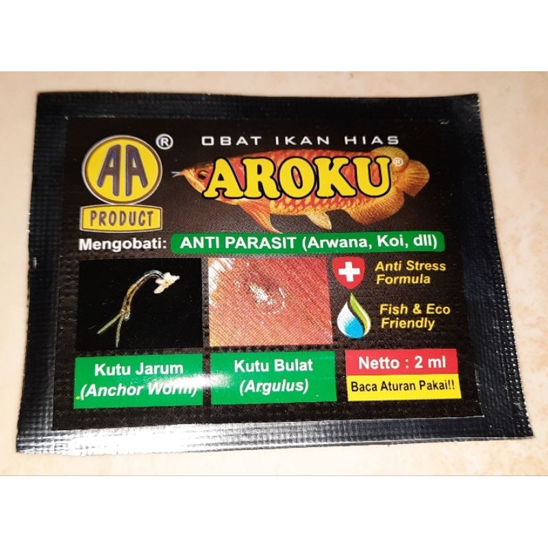 obat ikan AROKU akari ( anti parasit / kutu jarum / kutu bulat ( arwana , koi dll ) 2 ml ( cairan ) 