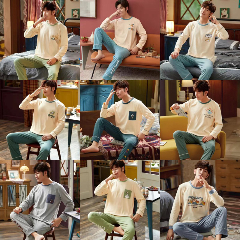 BAJU TIDUR PIYAMA COWOK KAOS TEBAL IMPORT BERKUALITAS MOTIF POLOS LENGAN PANJANG SETELAN CELANA PANJANG ABU-ABU TERBARU SIZE L-XXXL FIT TO 85KG