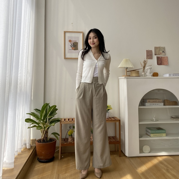 Carli Linen Pants - Celana Panjang Kulot Korea Wanita - High Waist Pants - Casual / Formal