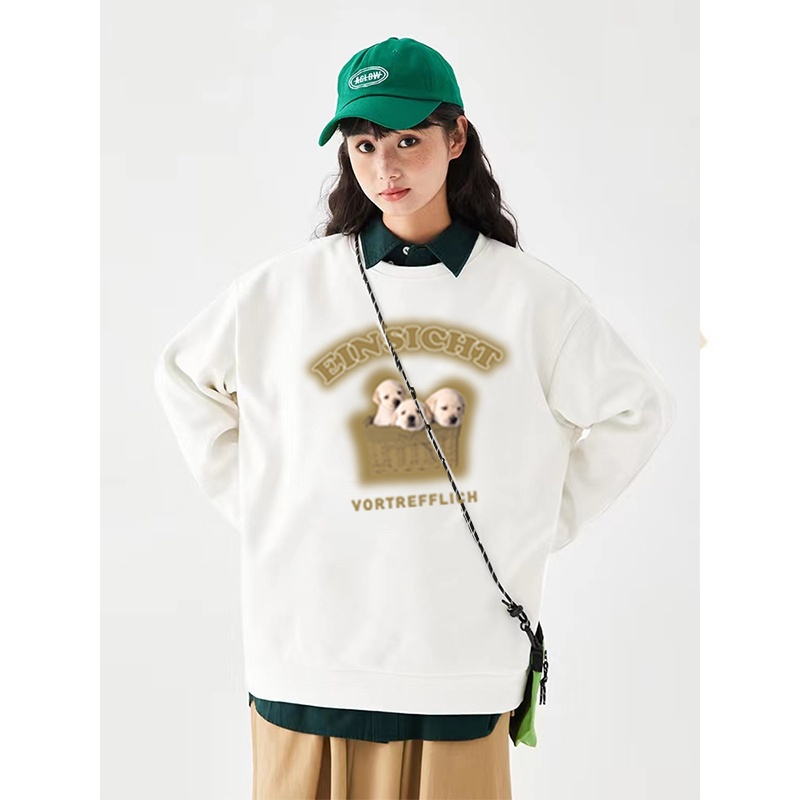 Kaos Stasan Wanita Oversize Couple Sweater American Vintage Cute Dog Cartoon Graphic Priting Top Kekinian Casual Sweater