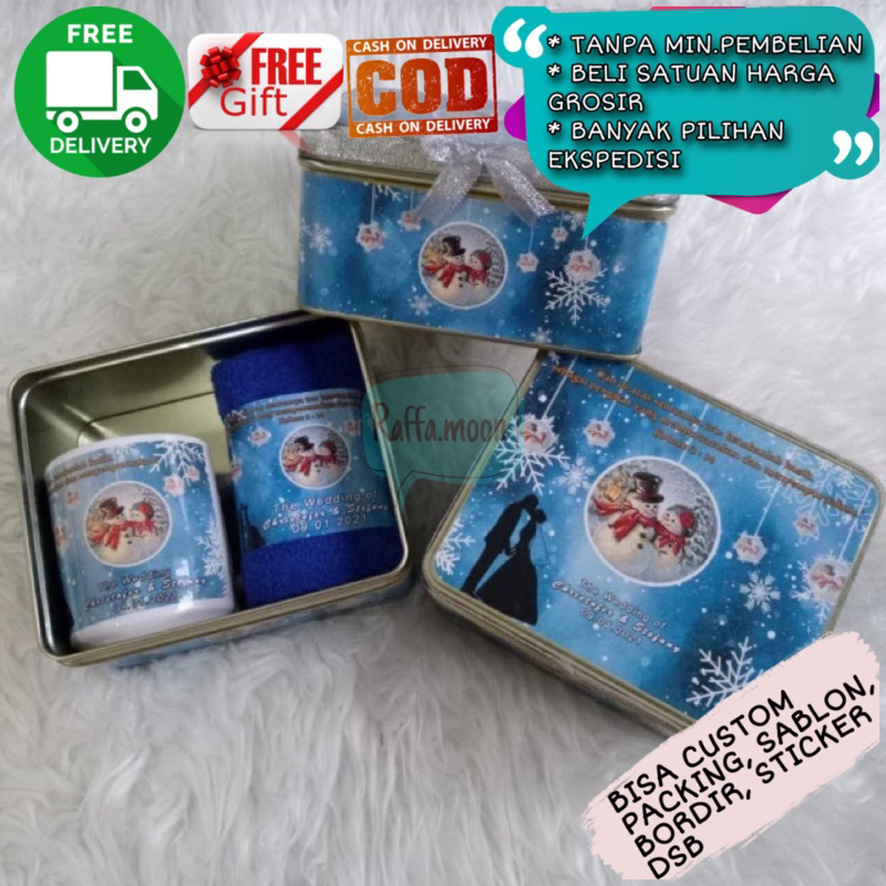 Hampers Souvenir Tin Kotak Kaleng Mug dan Sapu Tangan Souvenir Custom Aqiqah Lebaran Ulang Tahun