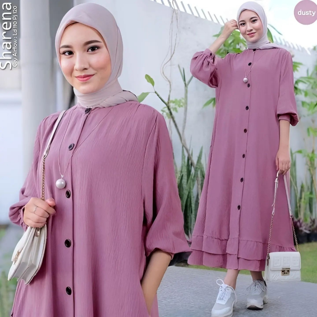 Shareena Midi Dress Wanita Crinke Airflow Gamis Terbaru Full Kancing Busui Friendly