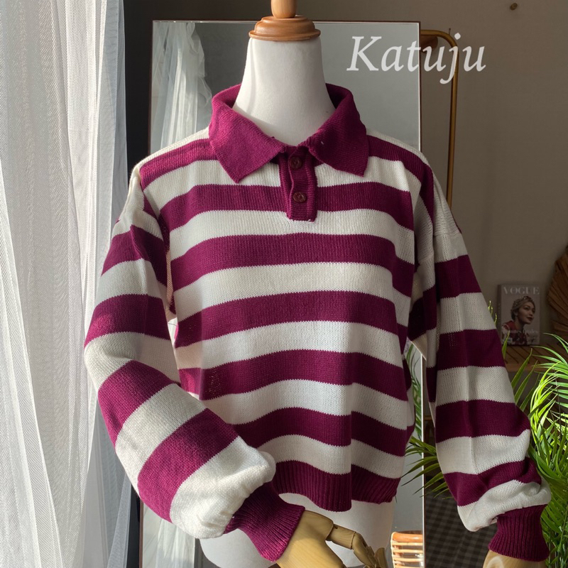 ATASAN POLO RAJUT MOTIF GARIS MEGA