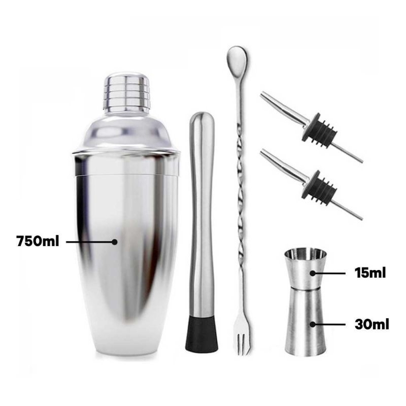 UPORS 6 in 1 Bartender Cobbler Cocktail Shaker Jigger Bar Spoon 750ml - BA016 stainless steel silver