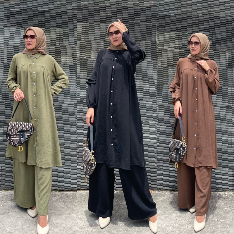 SET THALITA CRINKEL AIRFLOW PREMIUM/ONE SET LONG TUNIK POLOS JUMBO/SETELAN TUNIK WANITA TERBARU