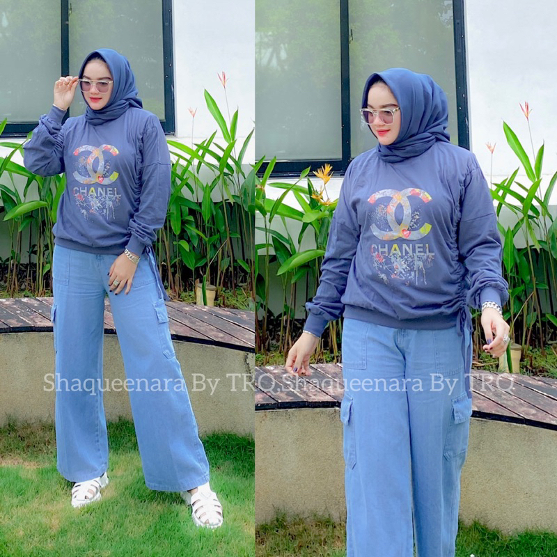 Set celana jeans + atasan kaos serut Shaqueenara By TRQ