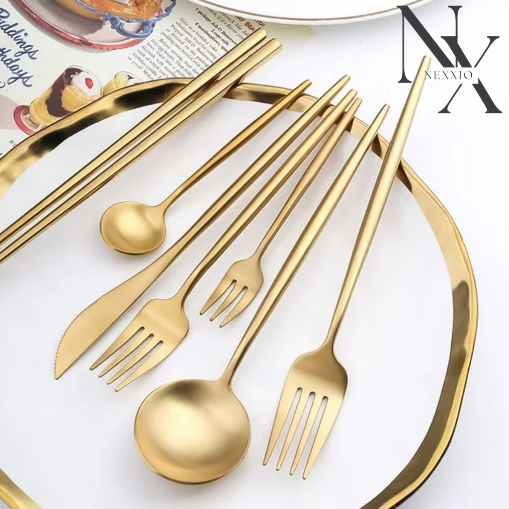 NexXio Sendok Garpu Stainless Steel Tebal Gold - Sendok makan gold / Set alat makan Korea Sendok Garpu emas tebal / sendok makan emas