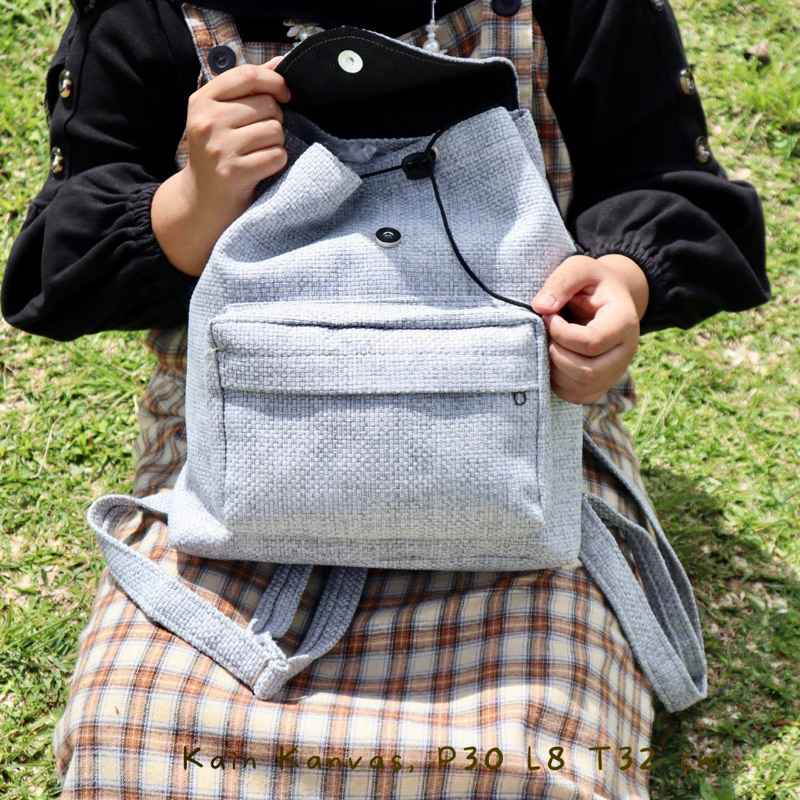 Bayar di Tempat COD Tas Ransel Serut Bahan Kanvas KANTONG Depan Ukuran Medium tas punggung wanita