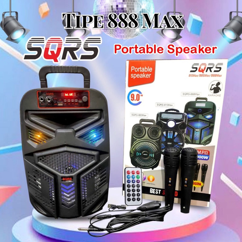 Speaker Karaoke Bluetooth portable SQRS-888 Max 9 Inch bass sound plus mic karoke 9in LED