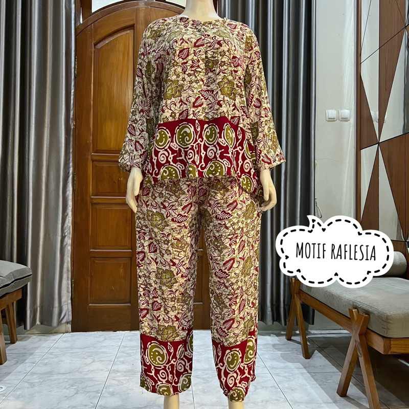 NTSY/ Setelan Batik Jumbo Celana Panjang Lengan Panjang Kancing Depan Oneset Hijab LD 120-130