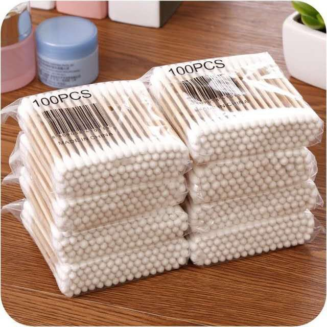 MAANGE0019 Double Head Wood Cotton Buds Cotton Swabs 100pcs Bungkus Kapas Makeup Kepala Ganda Kantong Batang Telinga Kayu Makeup 0019