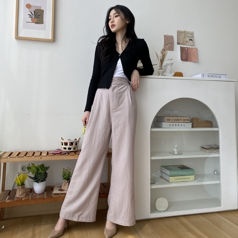 Carli Linen Pants - Celana Panjang Kulot Korea Wanita - High Waist Pants - Casual / Formal