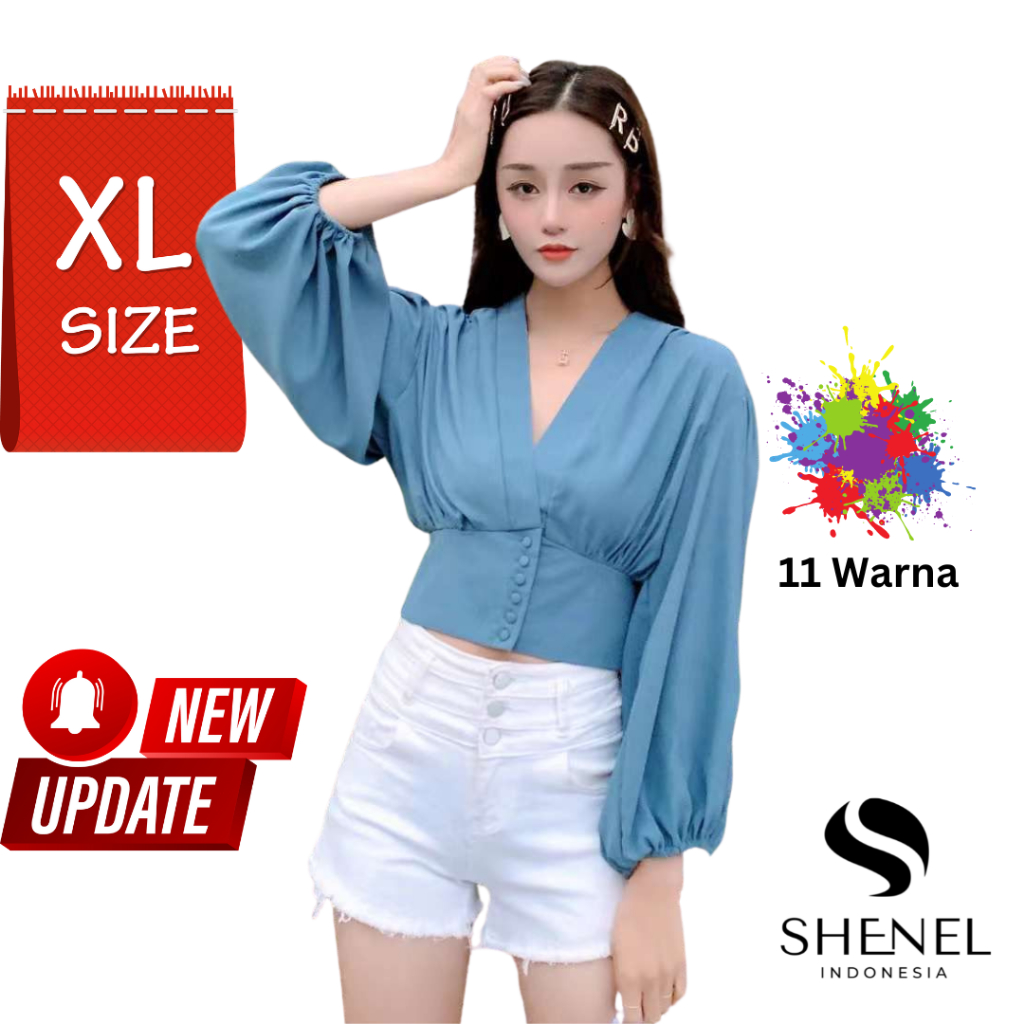 Moment Shakila Blouse XL Lengan Balon V-Neck Blus Imlek Wanita Terlaris | Shenel