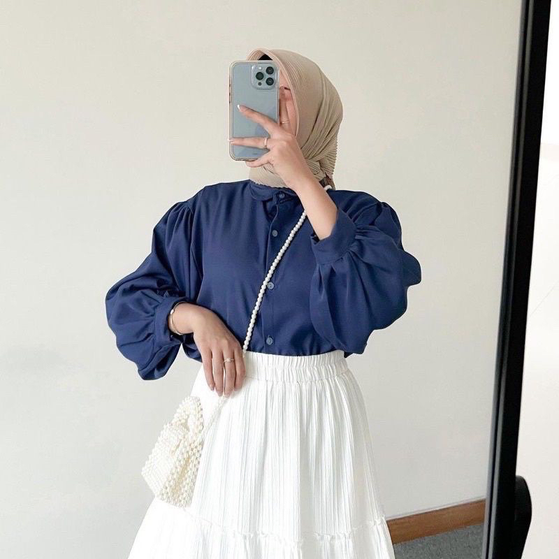 Kemeja Polos Lengan Balon Blouse Elze Atasan Wanita Shakila Twill