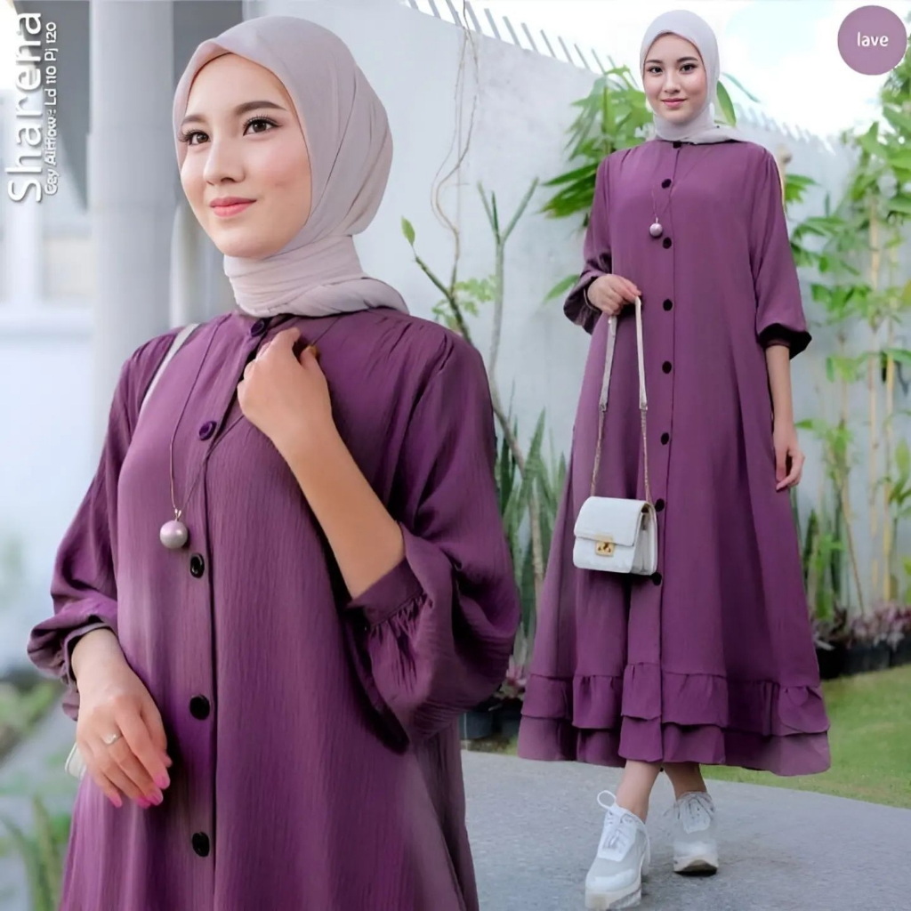 Shareena Midi Dress Wanita Crinke Airflow Gamis Terbaru Full Kancing Busui Friendly