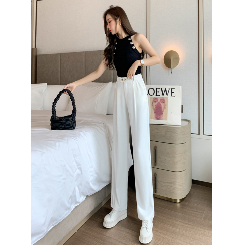 Korean Putih Highwaist Loose Celana Setelan Wanita