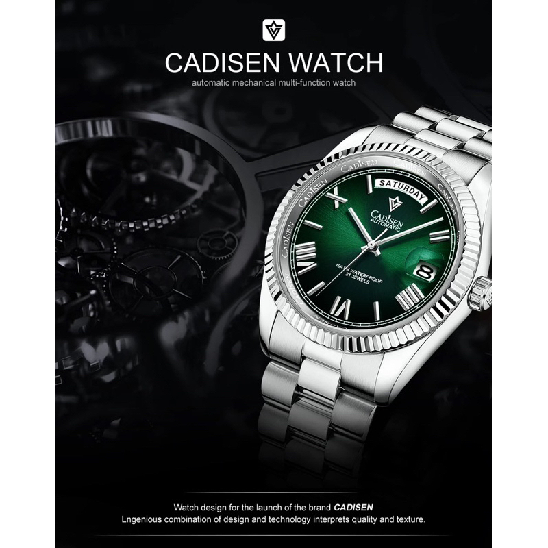 Jam Tangan Cadisen DayDate Green Sunburst Emerald Automatic