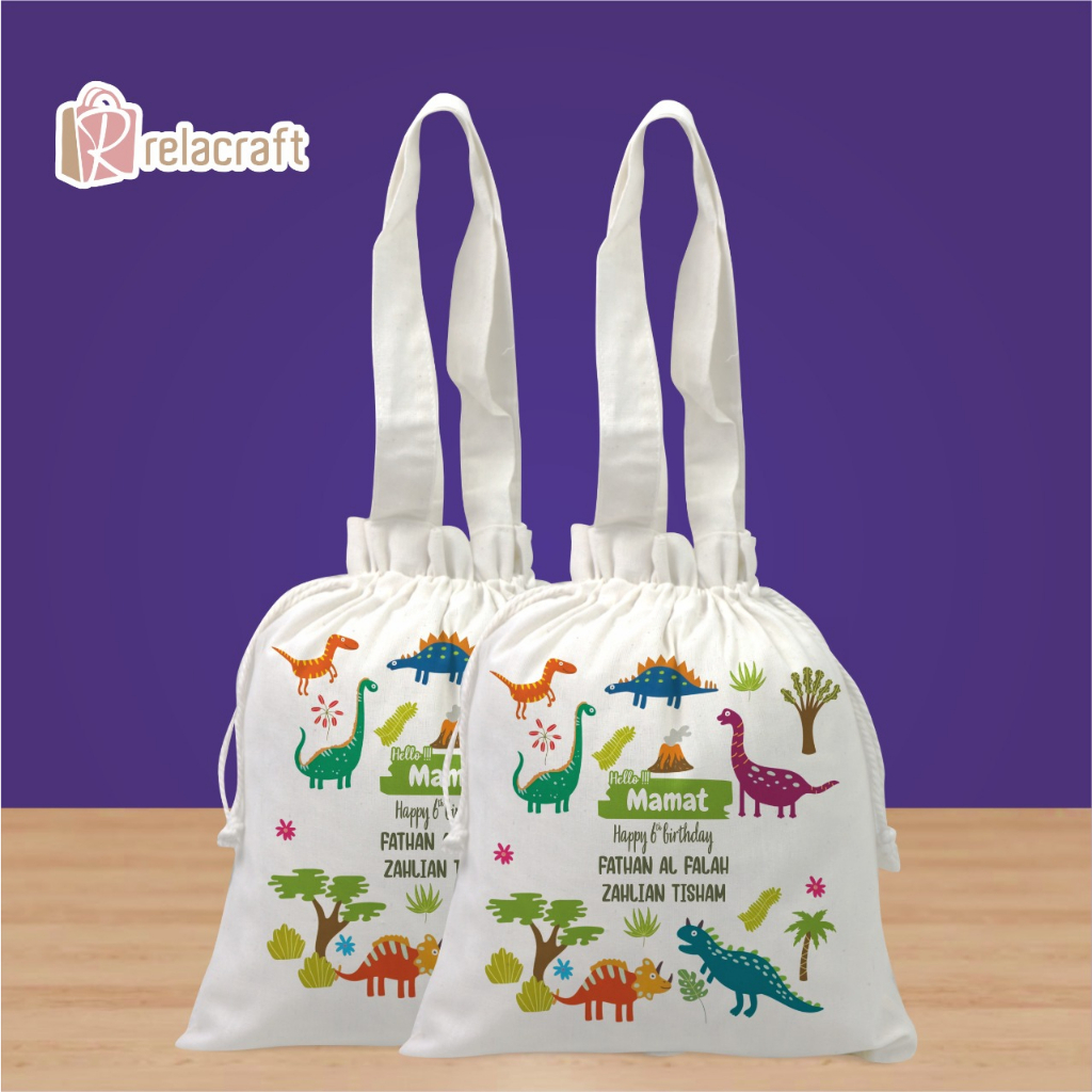 TAS SERUT POCONG/TOTBAG DINO/SOUVENIR ULANG TAHUN/HAMPERS ULANG TAHUNL/CETAK FC F4 1 SISI