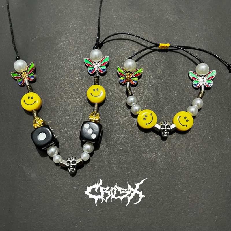 KALUNG ASAP ROCKY DICE SKULL SMILEY NECKLACE BRACELET / KALUNG DADU TENGKORAK SMILE GELANG RANTAI PEARL CHAIN NECKLACE / KALUNG RANTAI MUTIARA HIP HOP CHOKER KALUNG LIONTIN STYLE KOREA CHAIN NECKLACE KALUNG SILVER TITANIUM AESTHETIC KALUNG PRIA WANITA