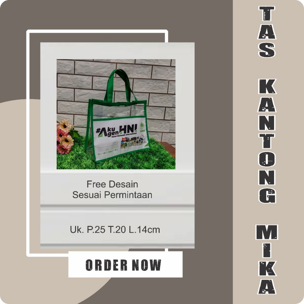 TAS KANTONG MIKA CETAK NAMA USAHA/SOUVENIR TAS BELANJA HNI