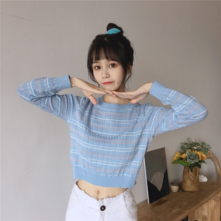 YIU YIU Rajut - Crewneck Knit Top Wanita Lengan Pendek Korea