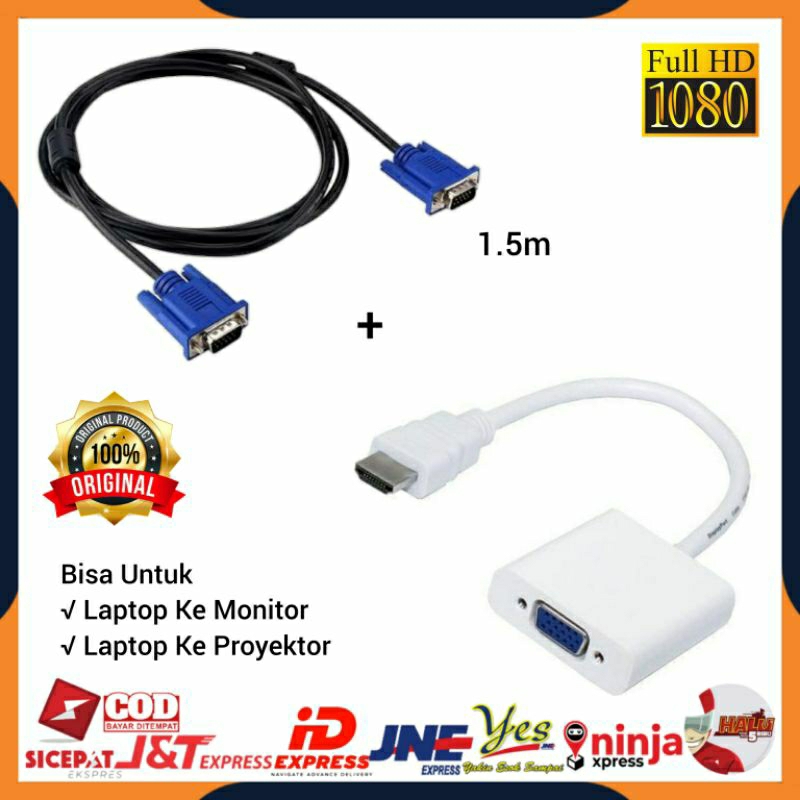 [COD] KABEL VGA DIGITAL MALE TO MALE 1.5 METER + KONEKTOR ADAPTER HDMI MALE TO VGA FEMALE CONVERTER / DARI LAPTOP KE MONITOR PROYEKTOR